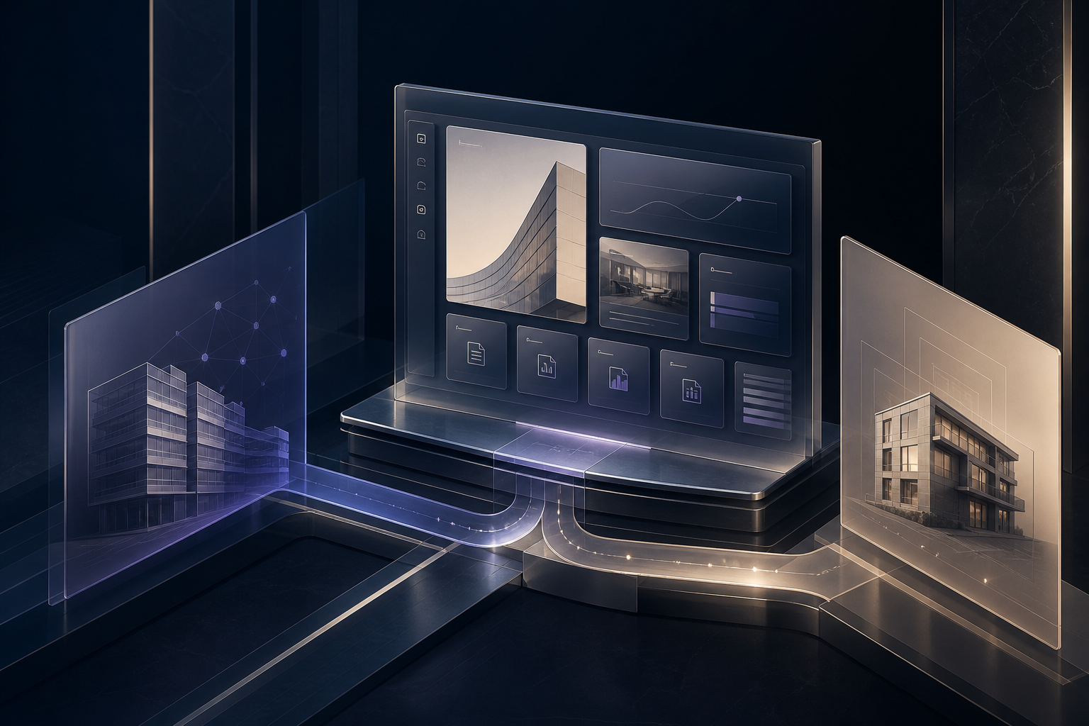 Client-facing financing experience shown as layered glass dashboard panels with commercial property views